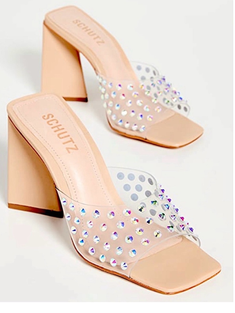 SCHUTZ Lizah White Iridescent Crystal Embellished triangle Block Heel Mules NIB